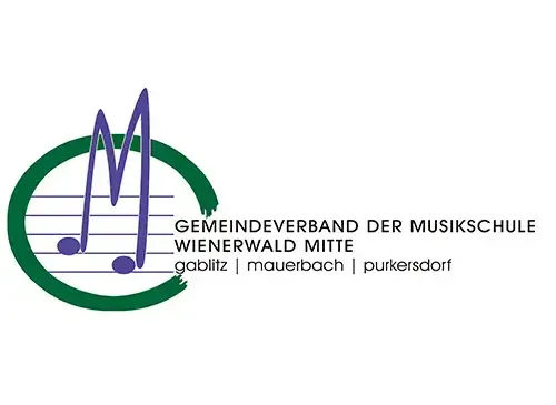 Logo des Gemeindeverbands der Musikschule Wienerwald Mitte mit einem Musiknotensymbol und den Namen von drei Orten: Gablitz, Mauerbach und Purkersdorf.