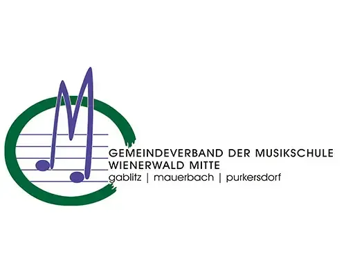 Logo des Gemeindeverbands der Musikschule Wienerwald Mitte mit einem Musiknotensymbol und den Namen von drei Orten: Gablitz, Mauerbach und Purkersdorf.