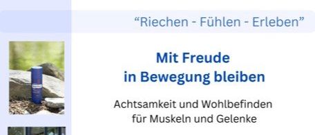 Poster für Aromatreff-Veranstaltung, das Termine, Aktivitäten und Kontaktinformationen präsentiert. Das Poster lädt Teilnehmer ein, an bestimmten Terminen im März teilzunehmen, um eine Erfahrung mit ätherischen Ölen zu machen. Es hebt Vorteile für Muskeln und Gelenke hervor und ermutigt zur Anmeldung.