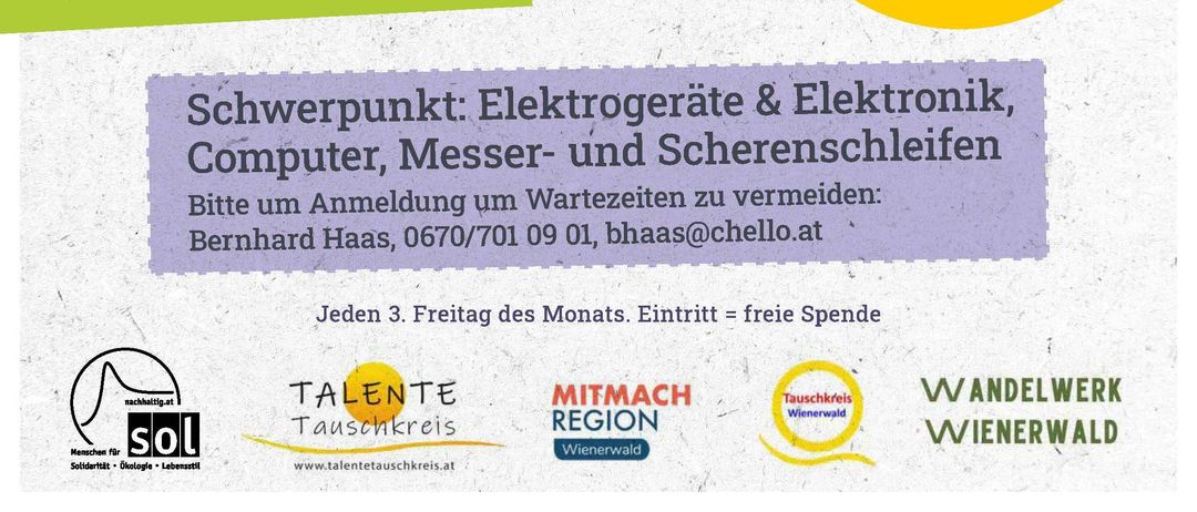 Plakat für Reparatur Cafe. Es zeigt Datum, Uhrzeit und Ort. Es hebt den Schwerpunkt auf die Reparatur von Elektrogeräten und Computern hervor. Es enthält auch eine Kontakt-E-Mail und Telefonnummer.