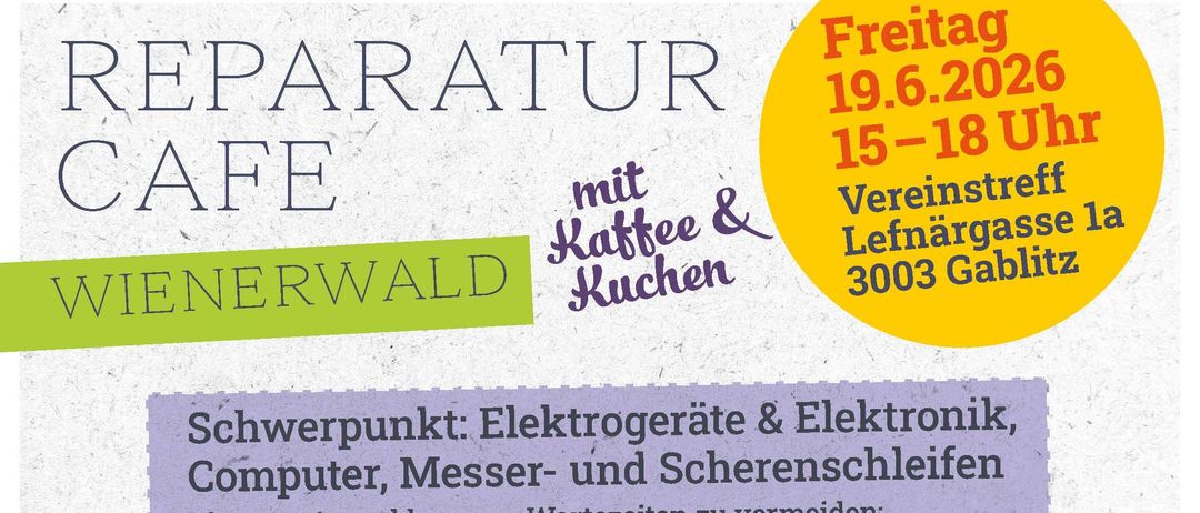 Plakat für Reparatur Cafe. Es zeigt Datum, Uhrzeit und Ort. Es hebt den Schwerpunkt auf die Reparatur von Elektrogeräten und Computern hervor. Es enthält auch eine Kontakt-E-Mail und Telefonnummer.