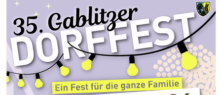 Plakat für Dorffest mit Lichtern und Lampen. Es ist für die ganze Familie am 4. Juli 2026 auf der Hauptstrasse ab 16:00 Uhr. Veranstaltungen umfassen Eröffnung, Kinderprogramm, Musik und Band.
