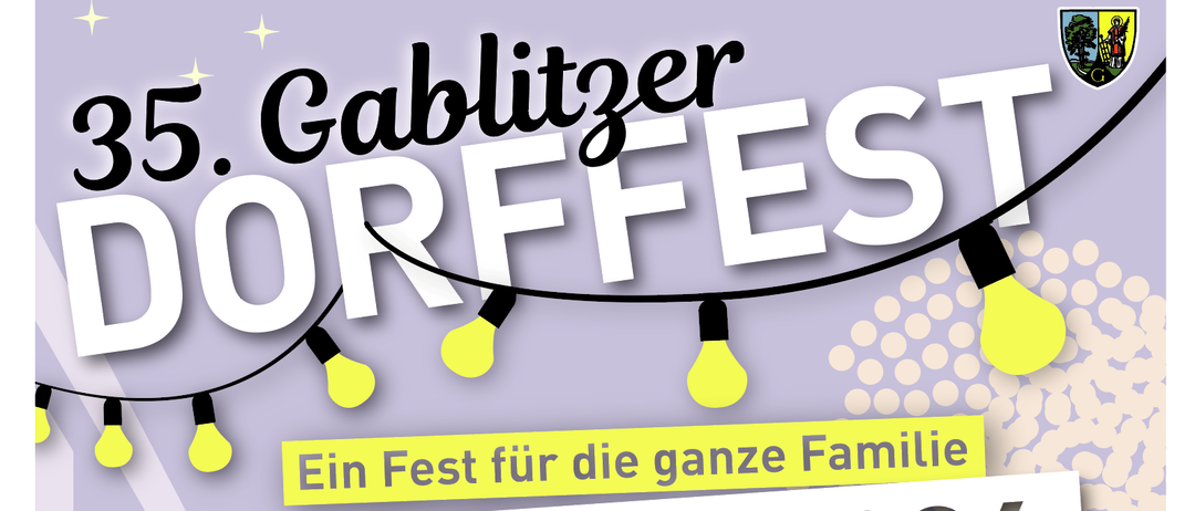 Plakat für Dorffest mit Lichtern und Lampen. Es ist für die ganze Familie am 4. Juli 2026 auf der Hauptstrasse ab 16:00 Uhr. Veranstaltungen umfassen Eröffnung, Kinderprogramm, Musik und Band.