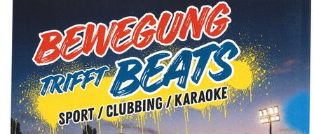Poster for Bunt Beats event. It features a young woman playing soccer and a young man singing karaoke. It also shows a soccer field, a stage with lights, and a QR code.