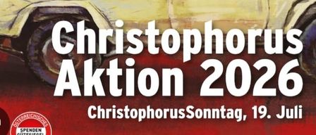 Poster for Christophorus Aktion 2026, featuring a vehicle with MIVA logo, showing a driver and passengers inside, set against a scenic background.