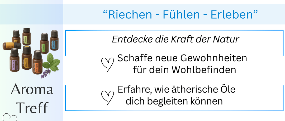 Eine Werbung für eine Veranstaltung über ätherische Öle, mit einer Frau und einem Kind, mit Terminen und einem Ort.