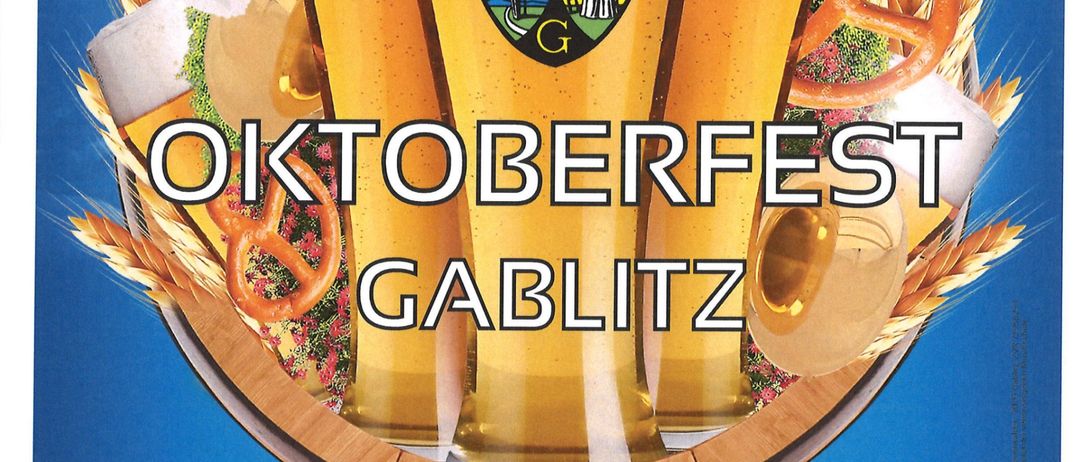 Plakat für das Oktoberfest Gablitz mit drei Biergläsern, Brezen, Weizen und einer Taube, mit dem Datum 19. September 2026.