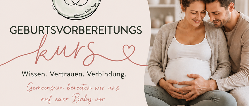 Ein Flyer für einen Geburtsvorbereitungskurs mit einer schwangeren Frau und ihrem Partner, mit Details wie Datum, Ort und Kosten. Der Flyer ist in einem Pastellfarbenschema gestaltet.