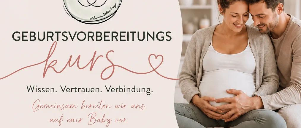 Ein Flyer für einen Geburtsvorbereitungskurs mit einer schwangeren Frau und ihrem Partner, mit Details wie Datum, Ort und Kosten. Der Flyer ist in einem Pastellfarbenschema gestaltet.