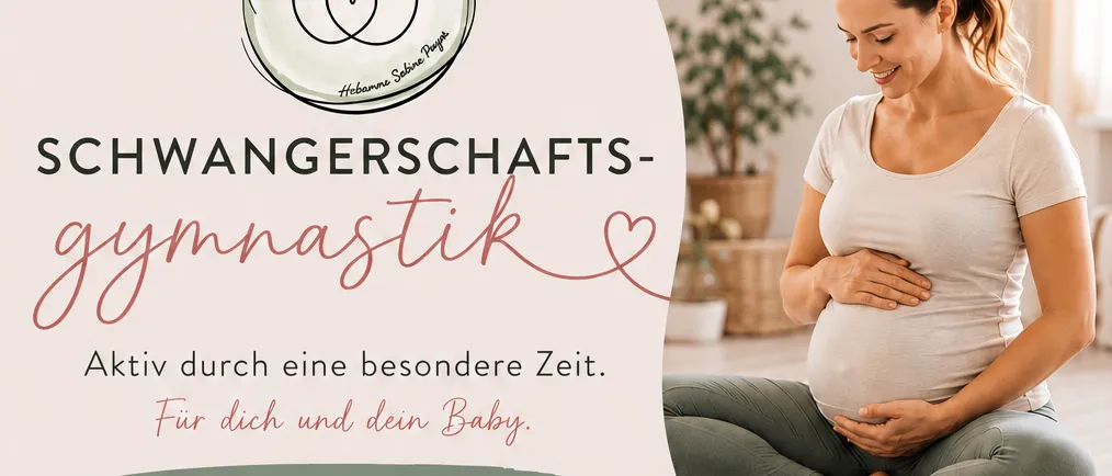 Ein Flyer für einen Geburtsvorbereitungskurs für schwangere Frauen. Der Flyer zeigt eine schwangere Frau in einer Yoga-Pose, Text über die Vorteile des Kurses und Details zum Kursplan und Ort.