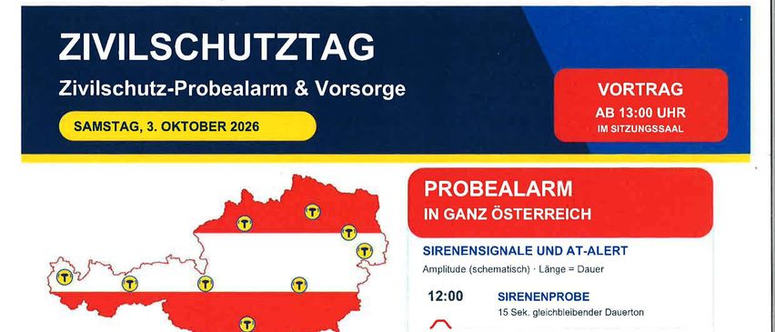 Ein Plakat mit einer Karte von Österreich, die Rettungsfahrzeuge und einen Zeitplan für eine Zivilschutzübung in Gablitz zeigt. Das Plakat enthält Details zu Sirenensignalen, Warnzeiten und einer Präsentation im Sitzungssaal.
