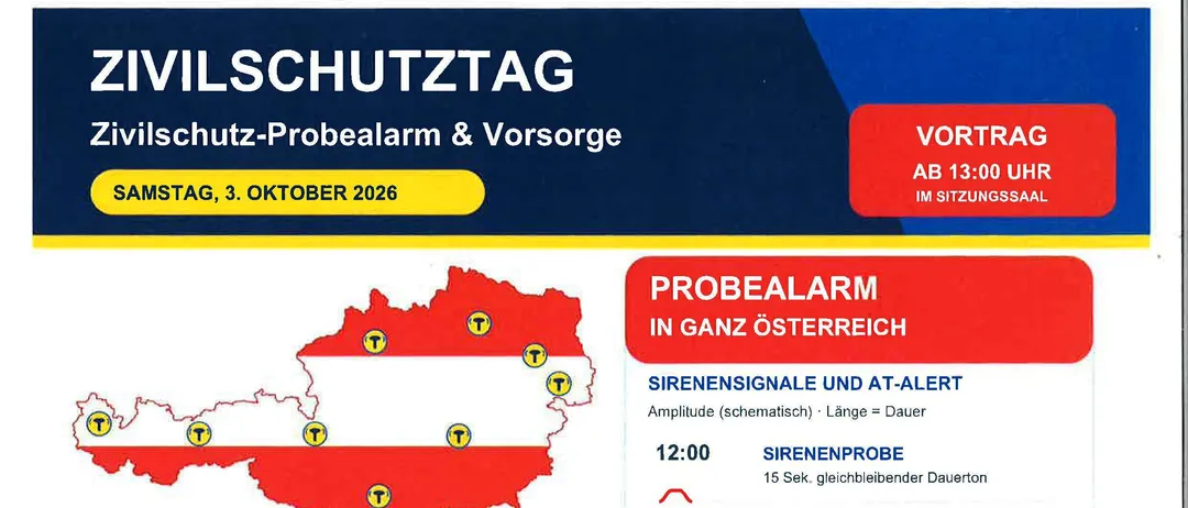 Ein Plakat mit einer Karte von Österreich, die Rettungsfahrzeuge und einen Zeitplan für eine Zivilschutzübung in Gablitz zeigt. Das Plakat enthält Details zu Sirenensignalen, Warnzeiten und einer Präsentation im Sitzungssaal.