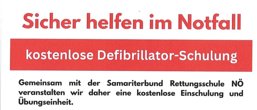 Ein Poster bewirbt eine kostenlose Defibrillator-Schulung. Die Veranstaltung wird von der Samariterbund und NO Rettungsschule organisiert. Das Poster enthält eine Box eines Defibrillators, das Datum, die Uhrzeit und den Ort der Veranstaltung.