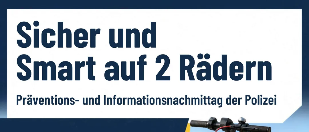 Ein Plakat für eine Polizeiveranstaltung über Elektroroller, mit einem Roller und einem Helm auf einer Stadtstraße.