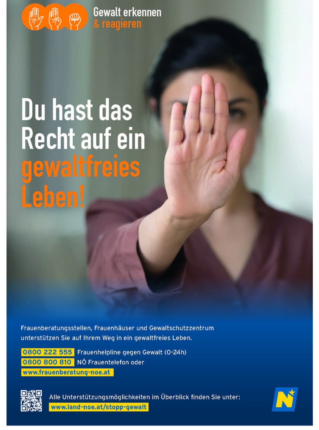Eine Frau macht eine Handgeste, wahrscheinlich für eine Sache. Der Plakattext lautet 'Du hast das Recht auf ein gewaltfreies Leben!' mit zusätzlichen Kontaktinformationen.