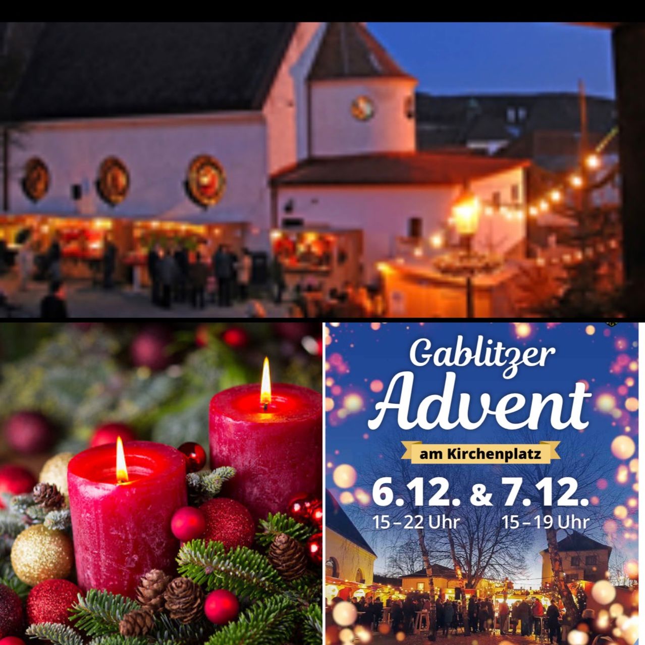 Ein Weihnachtsmarkt findet bei Nacht vor einer Kirche statt. Zwei rote Kerzen sind angezündet und von Weihnachtskugeln und Tannenzapfen umgeben.