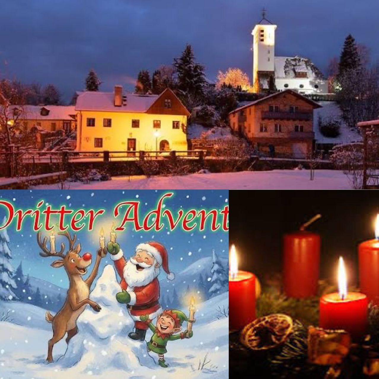 Das Bild zeigt ein verschneites Dorf mit einem beleuchteten Haus, einer Kirche im Hintergrund und einer festlichen Collage von Santa Claus, einem Rentier und einem Kind mit Kerzen.