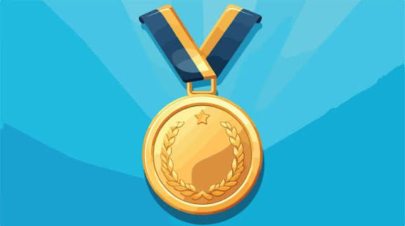 Eine goldene Medaille mit Stern- und Lorbeerkranz-Design, die an einem blauen Band mit einer blauen Hintergrundfläche hängt.