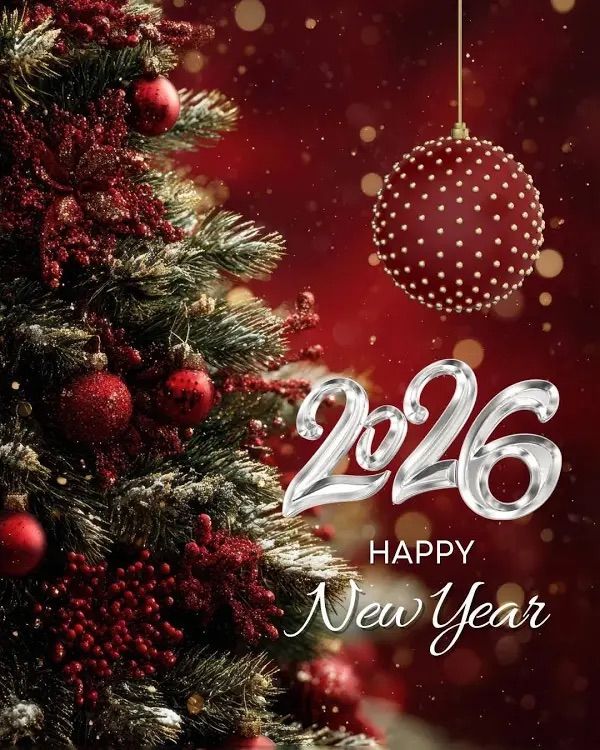 Ein mit roten Kugeln und einem roten Knauf geschmückter Weihnachtsbaum hängt vor einem roten Hintergrund. Es zeigt das Jahr 2026 und den Text 'FROHE Weihnachten' in Silber.
