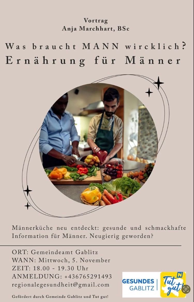 Ein Bild zeigt zwei Männer, die in einer Küche Gemüse zubereiten. Ein Mann schneidet Gemüse auf einem Schneidebrett, während der andere neben ihm steht und auch Gemüse vorbereitet. Der Titel lautet 'Ernährung für Männer'. Unter dem Bild befindet sich ein Untertitel, der lautet 'Männerküche neu entdeckt: gesunde und schmackhafte Informationen für Männer. Neugierig geworden?'