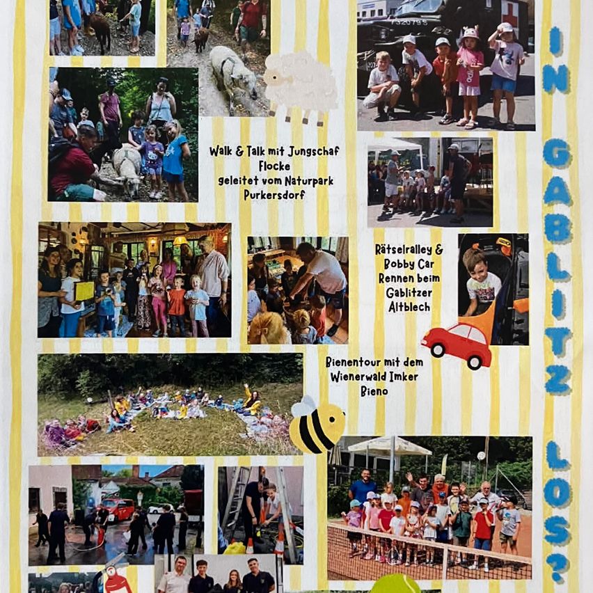 A collage of images shows various family activities, including walking with animals, attending a nature park event, riding cars, and a picnic in a forest. The images are captioned in German.