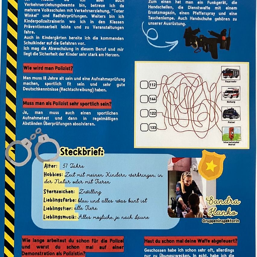 A police officer's duties include traffic control, safety training, and prevention tasks. Requirements for becoming a police officer include being 18 years old, physically fit, and having good German skills. The officer also engages with children, providing security training.