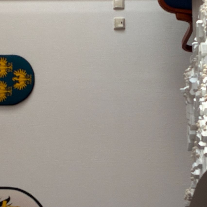 Eine weiße Wand mit einem blauen Emblem mit goldenen Adlern und zwei weißen Schaltern. Rechts befindet sich ein schwarzes Objekt.