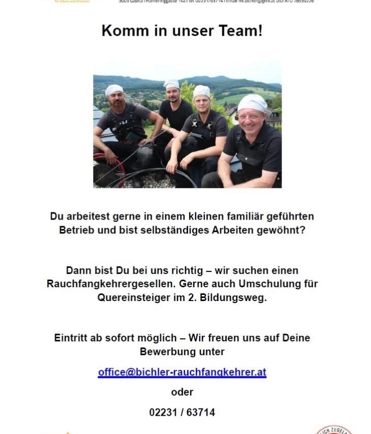 A poster invites individuals to join a small family-run business as chimney sweepers, emphasizing self-reliance. The image shows four men, two seated and two standing, smiling. Contact is provided via email and phone.