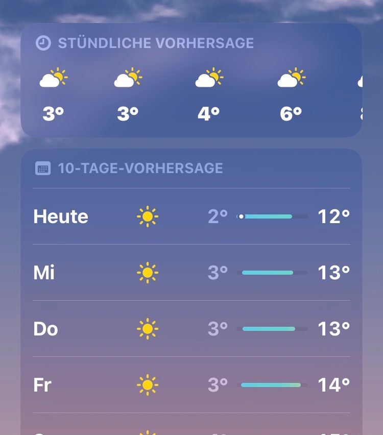 The image shows weather forecasts for a location. The hourly forecast for the next few hours shows temperatures of 3°, 3°, 4°, and 6°. The 10-day forecast indicates temperatures ranging from 2° to 14°.