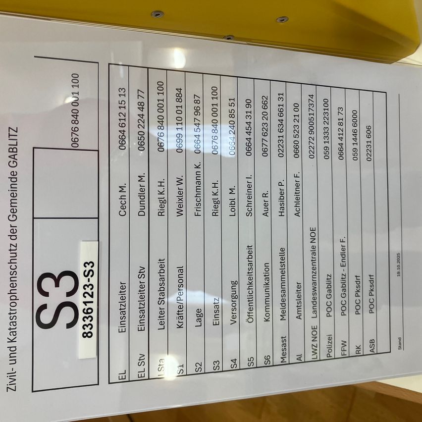 The image shows a document containing a table with multiple columns and rows. The first column has a label 'Einsatzleiter'. The second column has a label 'EL', and the third column has a label 'EL Stv'. The last column has a label 'Stand'. There are several numbers and codes present in the table.