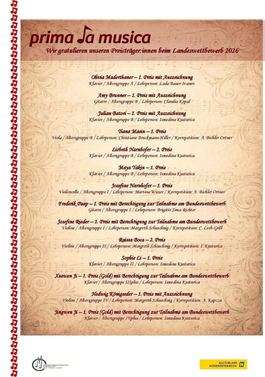 A document displays a list of musicians and their performance details. Names include Olivia Maderthaner, Amy Brunner, Julian Baton, and others. Each entry specifies the instrument, age group, and accompanying teacher. Prizes and eligibility for the Bundeswettbewerb are mentioned.