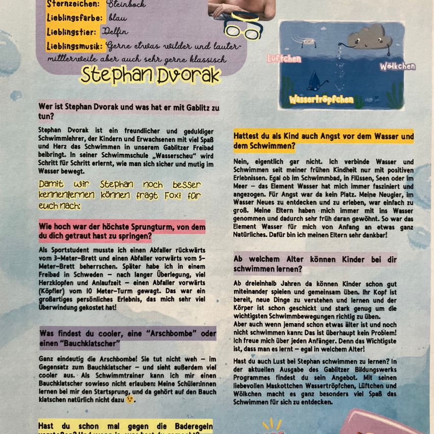 An image displays information about Stephan Dvorak, a friendly swimmer. He enjoys classical music and blue as his favorite color. He recalls his experiences at a swimming school called Wasserscheu. Children can learn to swim with him at the Gabriel Baths.