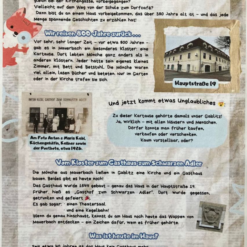 An old photo shows a building in Mauerbach. The text talks about a monastery that was once there, and now there is a church and inn. The inn is called 'Gasthof zum Schwarzen Adler'. There was a theater and bowling alley. The house has a sign from Mauerbach.