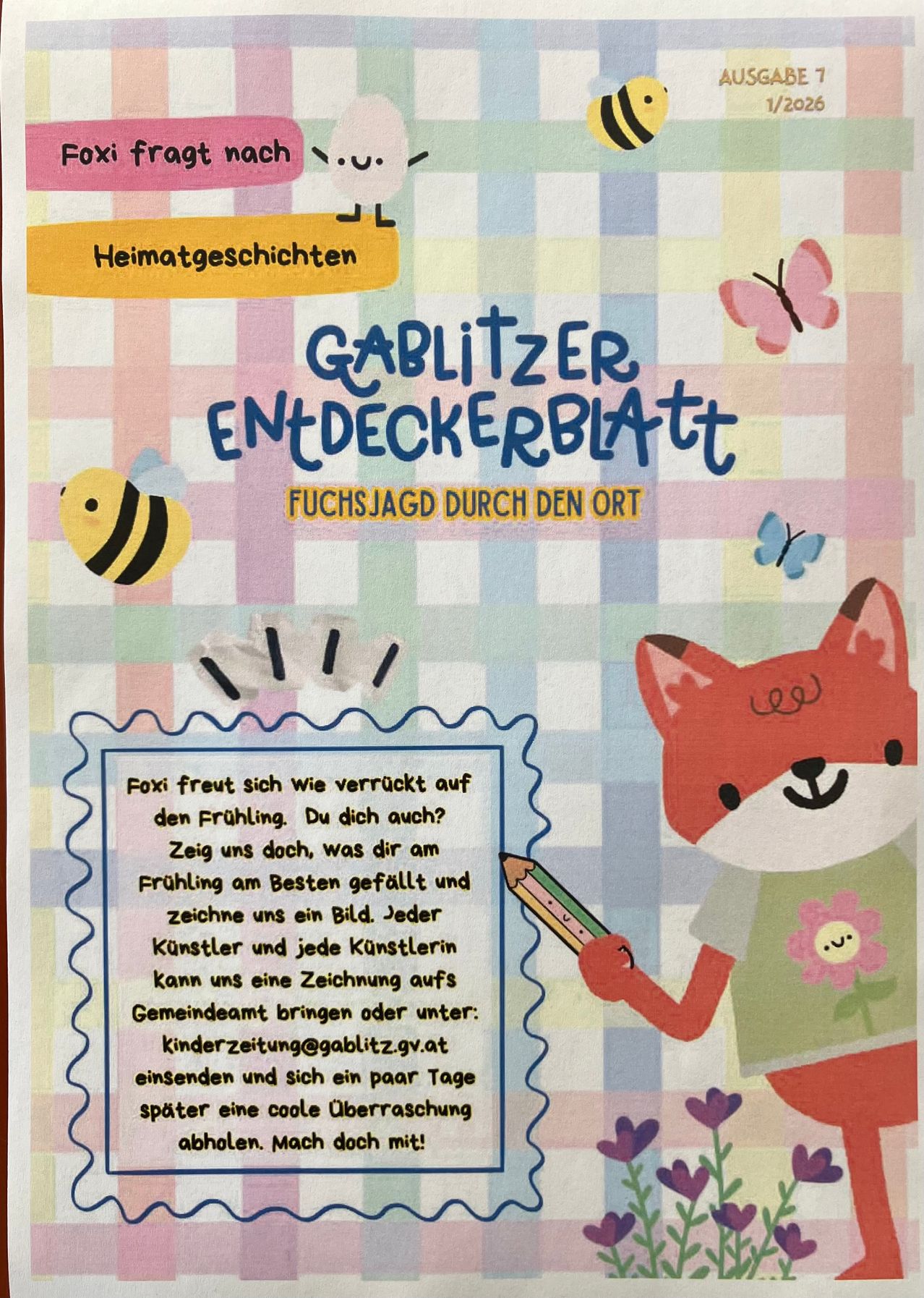 A page inviting children to draw a picture of their favorite spring thing. It features a fox holding a pencil and a colorful checkered background. Butterflies and a bee are present. The text is in German.