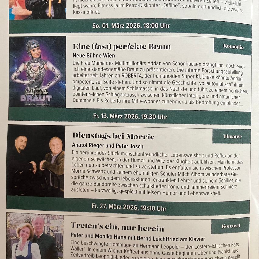Event flyer with three sections: a comedy show, a theater performance, and a concert. Comedy: A woman in futuristic attire presents a bride robot. Theater: Two men in a humorous and witty conversation. Concert: A couple performs on piano with a violinist.