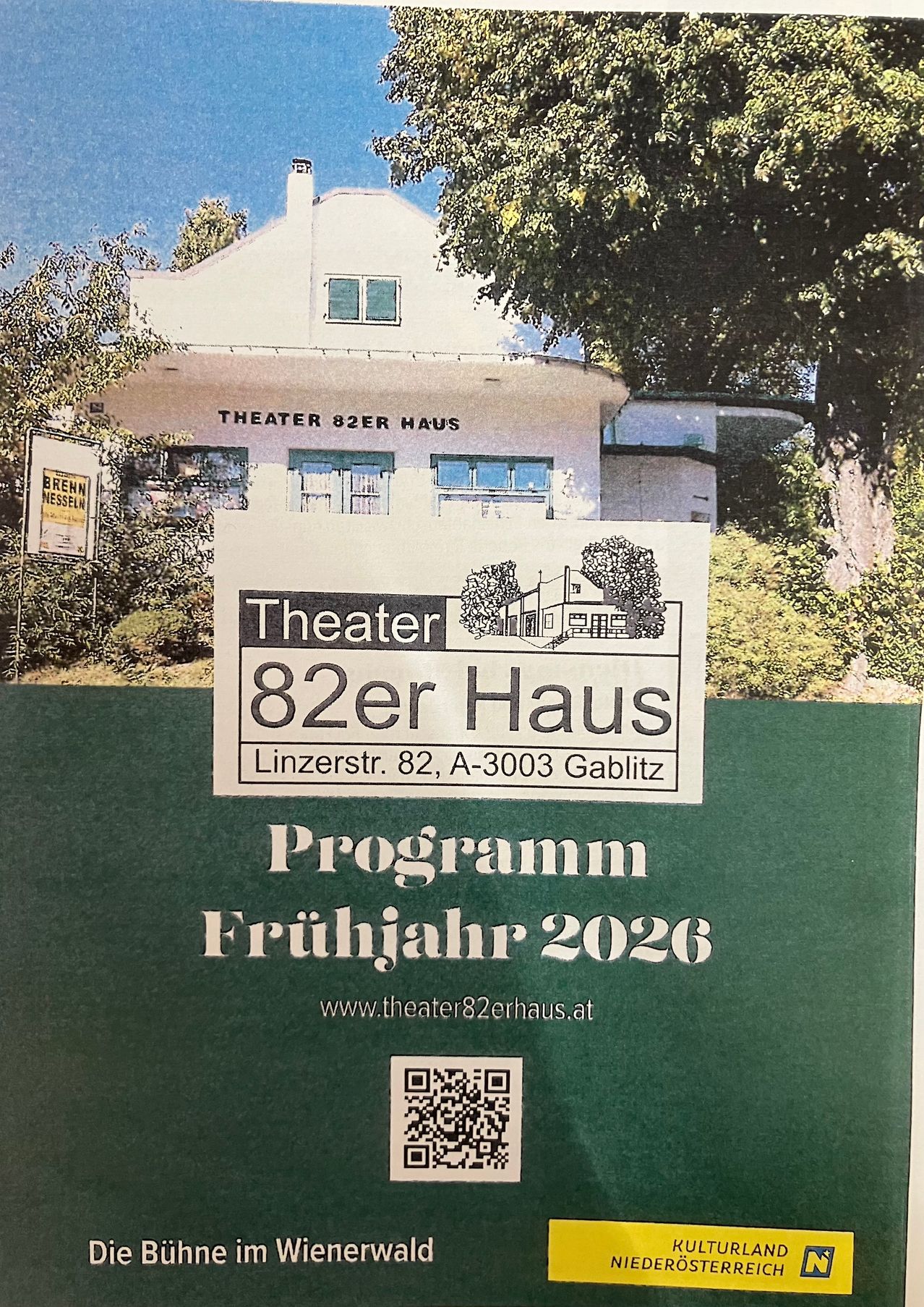 A poster for the 82er Haus Theater's Spring 2026 program, featuring a photo of the theater building and a QR code for more information.