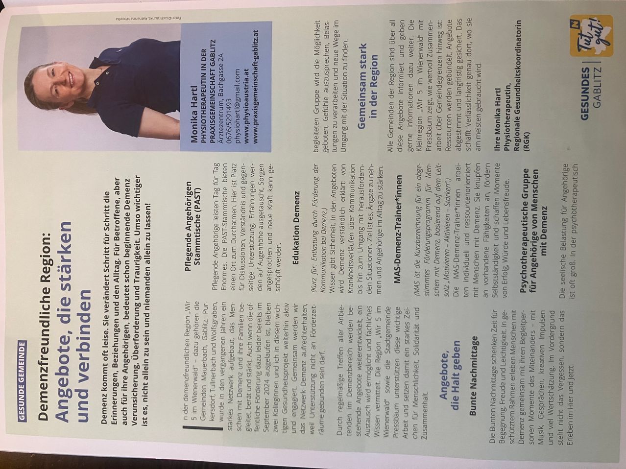 Dokument zeigt Informationen über Monika Hart, eine Physiotherapeutin. Kontaktdaten und angebotene Dienstleistungen sind aufgeführt. Eine Tabelle listet Trainingsarten und Zeitpläne auf. Der Text ist in Deutsch und beschreibt therapeutische Dienstleistungen und Bildungsangebote.