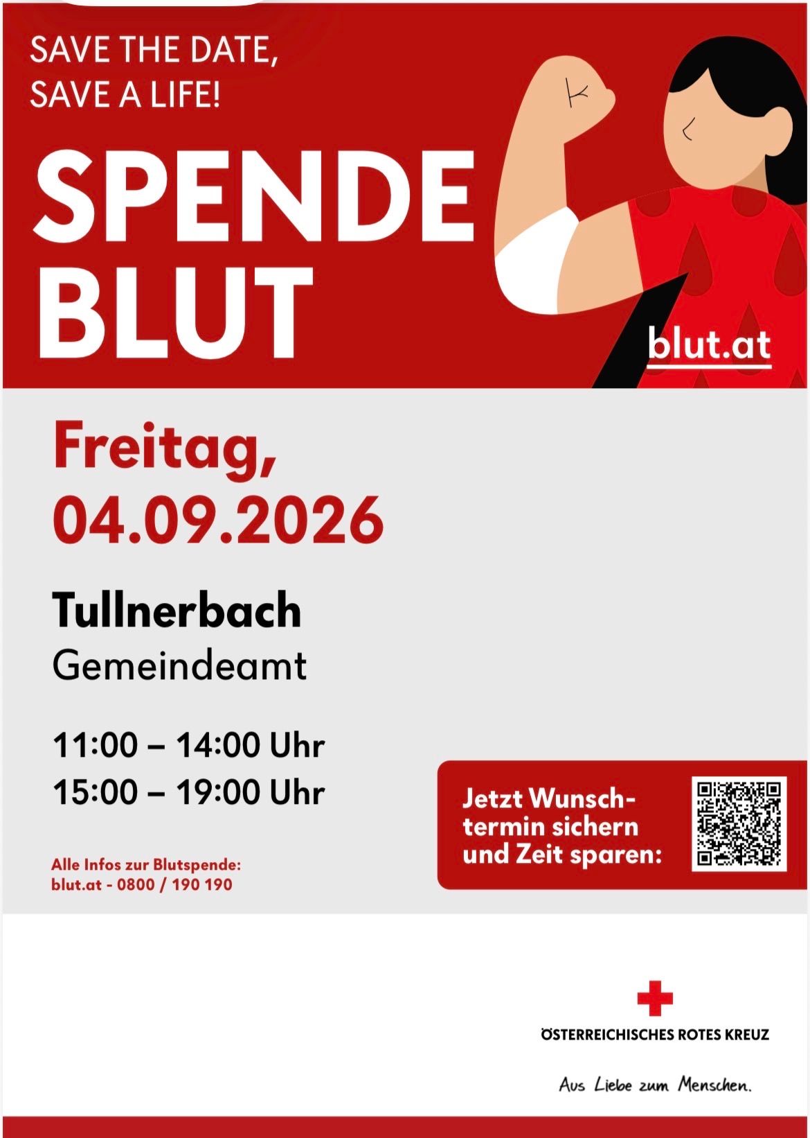 Blood donation event poster for Tullnerbach on September 4, 2026. Times are 11:00-14:00 and 15:00-19:00. QR code for appointment booking.