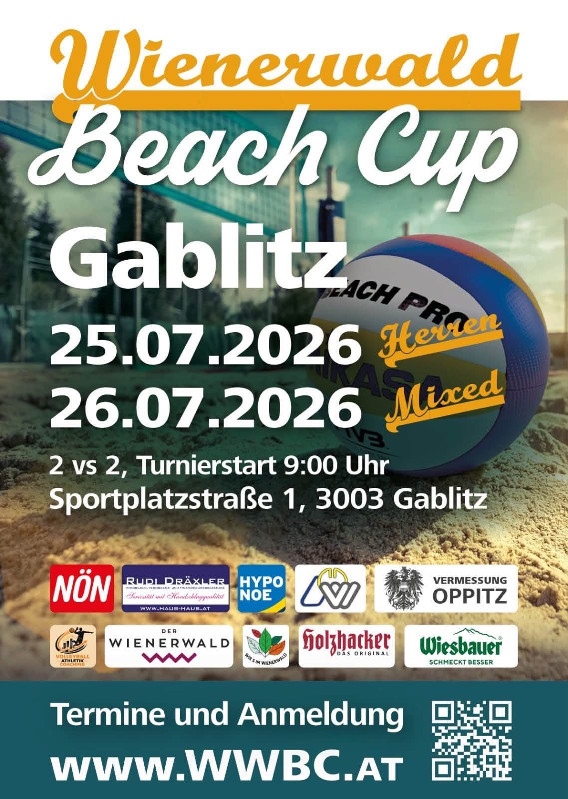 Plakat für Beach Cup Gablitz 2026, mit einem Volleyball, Terminen und Sponsoren. Das Event ist für den 25. und 26. Juli geplant, mit einem Spielbeginn um 9:00 Uhr.