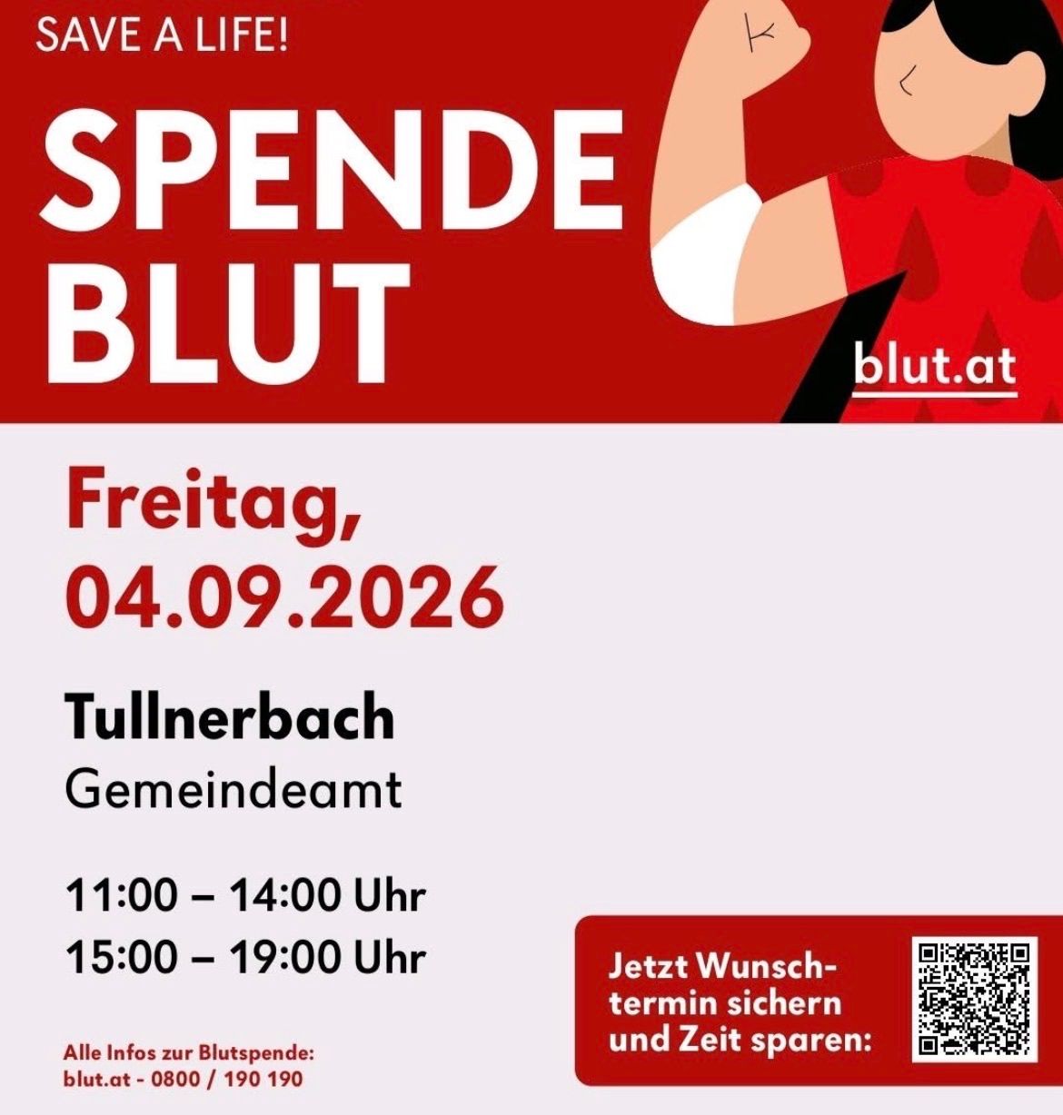 Ein Plakat für eine Blutspendeveranstaltung in Tullnerbach am 04.09.2026. Es zeigt eine Frau mit rotem Shirt und einem QR-Code für die Anmeldung. Die Veranstaltungszeiten sind 11:00-14:00 und 15:00-19:00 Uhr.