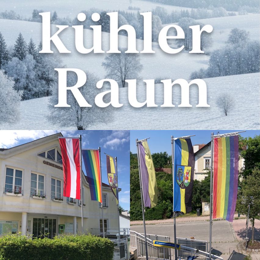 Eine Collage von Bildern mit den Worten 'Kühler Raum' über einer verschneiten Landschaft und darunter ein Gebäude mit Flaggen und einer Regenbogenfahne davor.