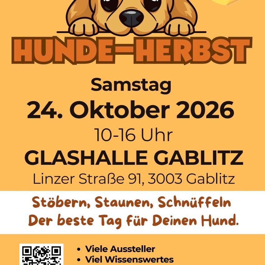 Plakat für die 'Hunde-Herbst' Veranstaltung am 24. Oktober 2026 mit einem Hund und Details zur Veranstaltung.