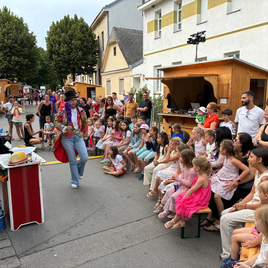Zauberkünstler mit Zylinder und bunter Jacke führt vor Publikum in einer Straße in Österreich eine Show auf.