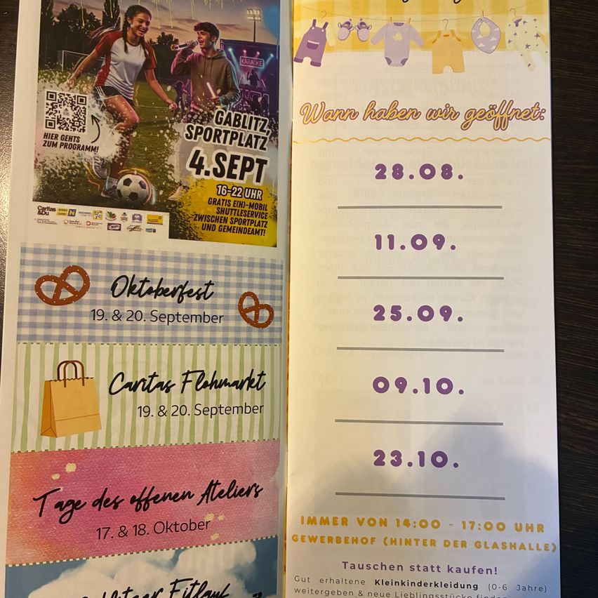A flyer with various event announcements. The left side features a soccer player, a karaoke event, and an Oktoberfest celebration. The right side lists dates and times for different activities.