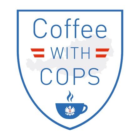 A logo for 'Coffee with Cops' featuring a shield shape with a coffee cup and steam, set against a map background, with the text 'Coffee with Cops' prominently displayed.