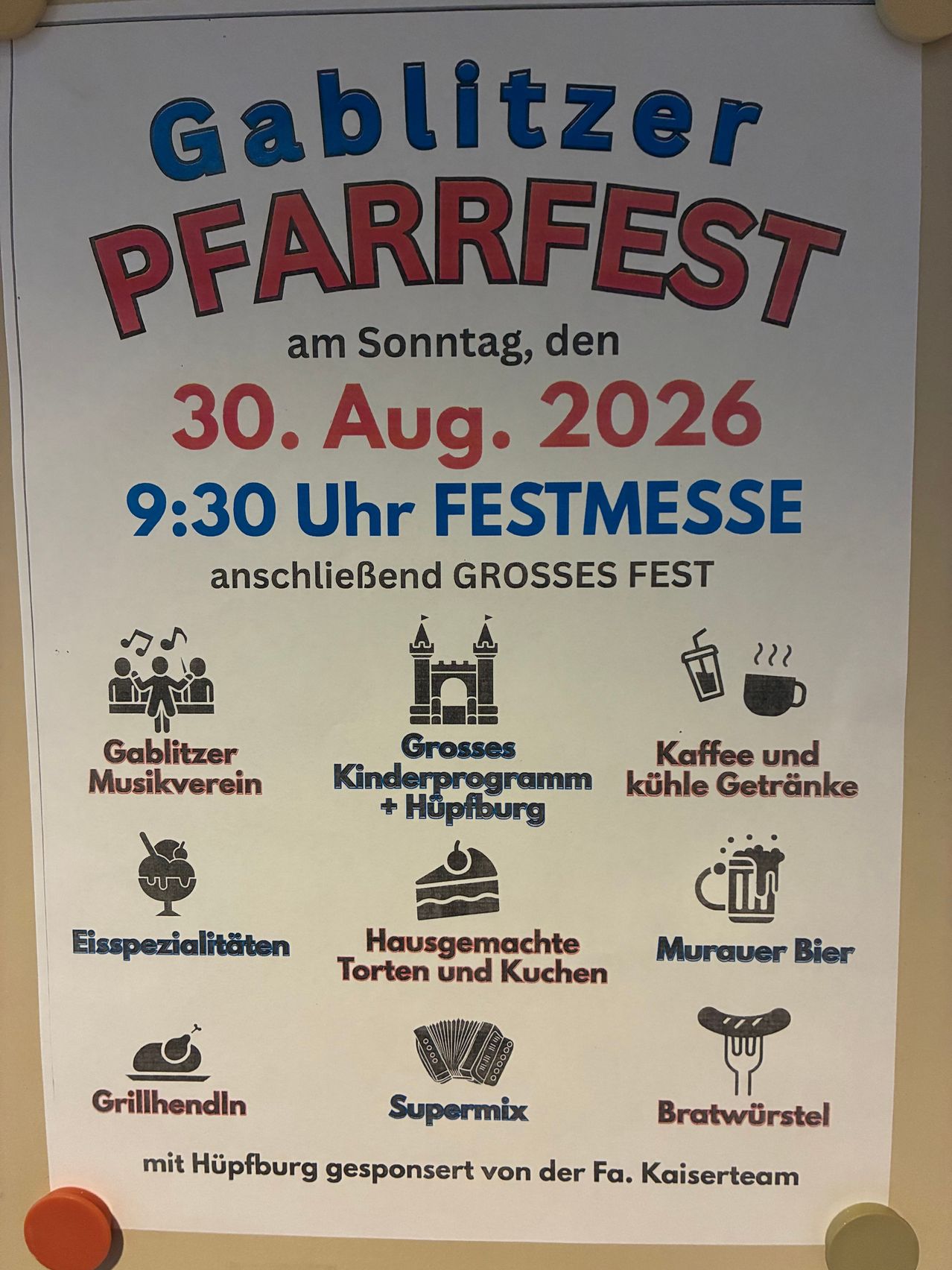 Poster for the Pfarrfest event on August 30, 2026, featuring music, children's program, cold drinks, homemade cakes, and sausages.