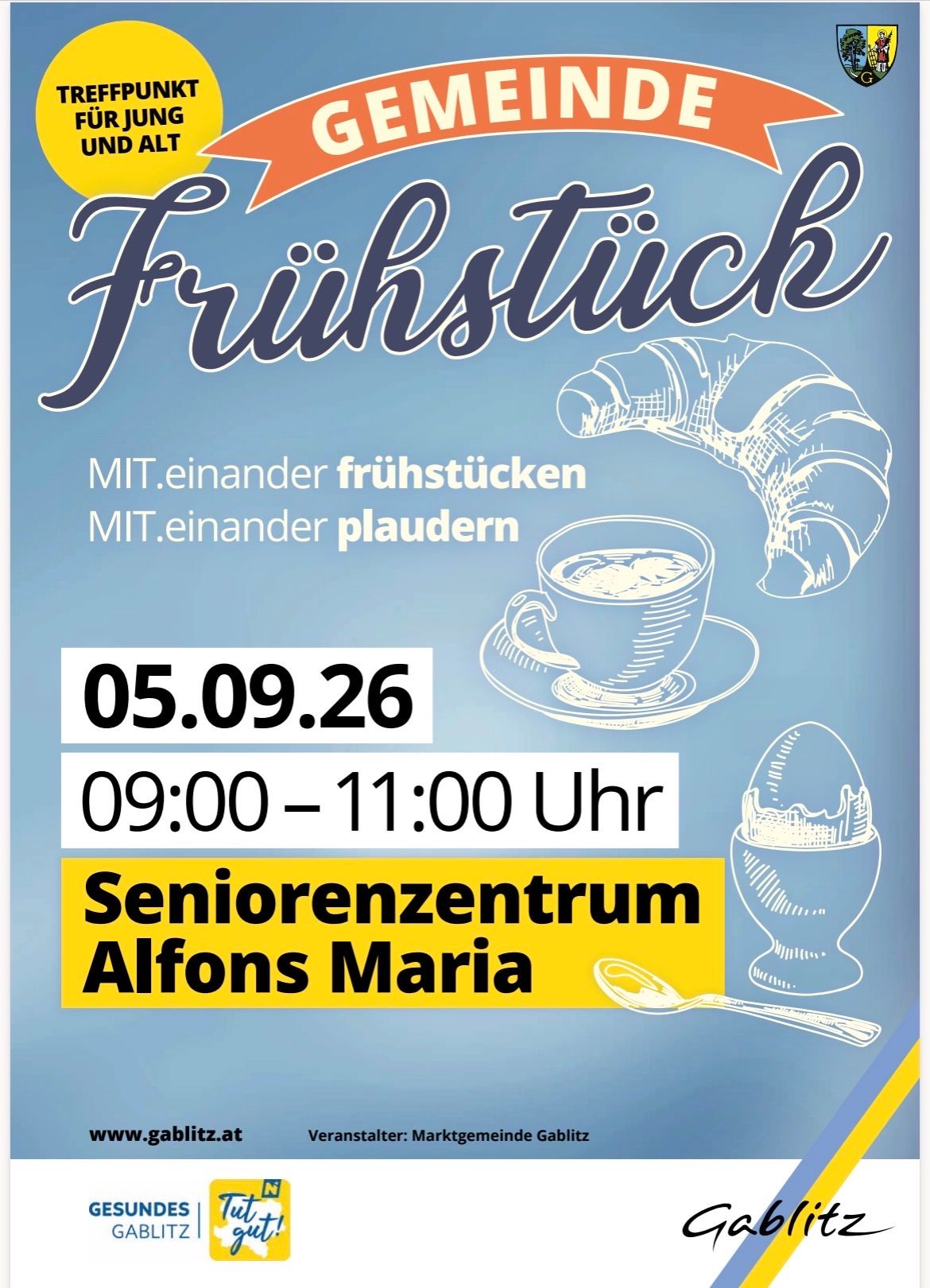 Poster for a breakfast event at the Alfons Maria Senior Center on September 5, 2026, from 9:00 to 11:00 AM. It features illustrations of a croissant, a cup of coffee, and a cracked egg.