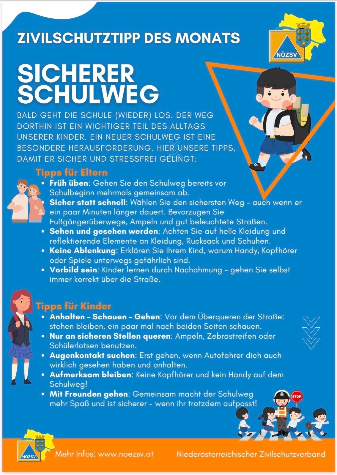 An infographic with a blue background provides safety tips for children's school commutes. It includes advice for parents to practice the route, choose safer paths, and avoid distractions. Tips for children emphasize stopping, looking, and going, using safe crossing points, and avoiding headphones and handheld devices. The image features a child walking to school with a backpack.