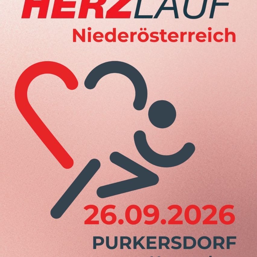 Plakat für die Herzlauf-Veranstaltung in Purkersdorf, Niederösterreich, geplant für den 26. September 2026, mit einem Herz und einer laufenden Figur.
