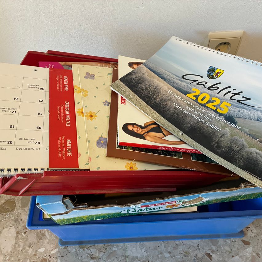 Ein roter Aufbewahrungsbehälter gefüllt mit verschiedenen Gegenständen, darunter ein 2025 Kalender, ein Notizbuch und ein roter Ordner mit der Aufschrift 'Gesundheits-Velaet'. Der Kalender zeigt eine malerische Landschaft.